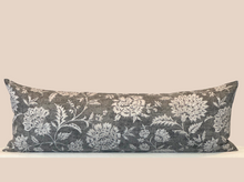Load image into Gallery viewer, lumbar pillow with grey floral pattern against tan background