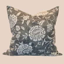 Load image into Gallery viewer, grey floral square pillow against tan background