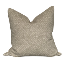 Load image into Gallery viewer, A square-shaped pillow cover with detailed embroidery and a neutral flax color.
