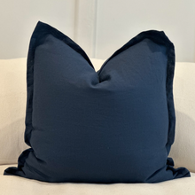 Load image into Gallery viewer, midnight blue linen pillow on off white couch