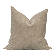 Load image into Gallery viewer, A square-shaped, beige-colored velvet throw pillow with a subtle textural pattern.
