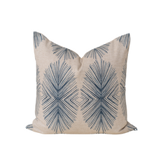 Load image into Gallery viewer, blue feather patterned pillow on white background