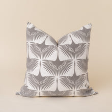 Load image into Gallery viewer, grey bird print pattern on pillow on tan background