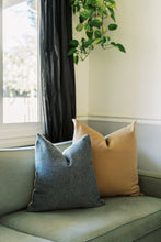 Load image into Gallery viewer, two pillow on green couch with plant in background