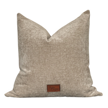 Load image into Gallery viewer, back of pillow with beige velvet fabric against white background
