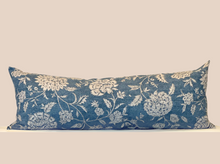 Load image into Gallery viewer, blue floral pattern lumbar pillow against tan background
