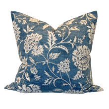 Load image into Gallery viewer, blue floral square pillow against white background
