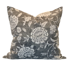 Load image into Gallery viewer, grey floral square pillow against white background
