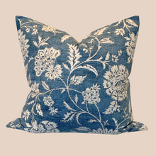 Load image into Gallery viewer, blue floral square pillow against tan background
