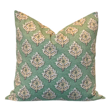 Load image into Gallery viewer, green leaf pattern pillow against white background
