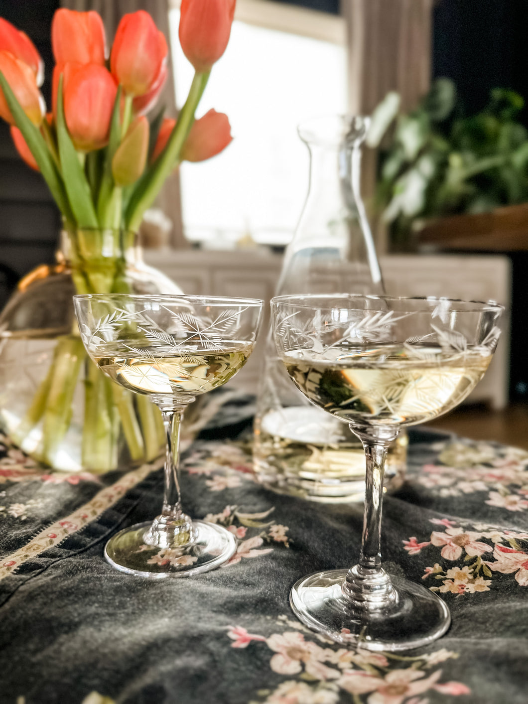Crystal Champagne Glass Set (6), Leaf Pattern