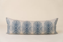 Load image into Gallery viewer, blue feather lumbar pillow pattern on tan background
