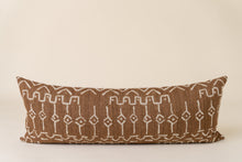 Load image into Gallery viewer, mudcloth print brown lumbar pillow on tan background

