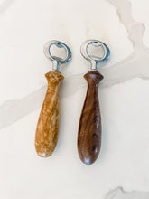 Load image into Gallery viewer, two wood handle bottle openers on white counter
