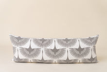 Load image into Gallery viewer, grey bird pattern lumbar pillow on tan background
