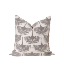 Load image into Gallery viewer, A square-shaped throw pillow with a geometric pattern featuring a gray color scheme and a bohemian design.
