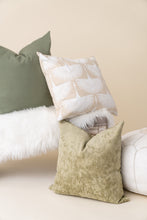 Load image into Gallery viewer, three pillows on bench with tan background
