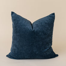 Load image into Gallery viewer, blue velvet square pillow cover on tan background
