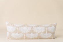 Load image into Gallery viewer, bird pattern lumbar pillow on tan background
