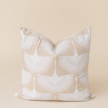 Load image into Gallery viewer, white bird patterned pillow on tan background
