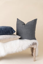 Load image into Gallery viewer, three pillows on bench against tan background. 
