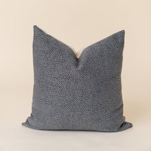 Load image into Gallery viewer, navy pattern pillow on tan background
